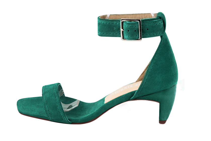 Emerald green women's closed back sandals, with a strap around the ankle. Square toe. Medium comma heels. Profile view - Florence KOOIJMAN